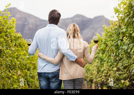 Rückansicht eines jungen glücklichen Paares hält Gläser Wein Stockfoto