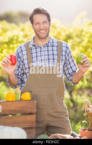 Fröhliche Bauern halten rote und grüne Paprika Stockfoto