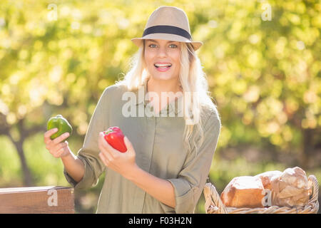 Lächelnde Blondine hält rote und grüne Paprika Stockfoto