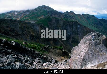 Montieren Sie Asahi Dake von Mount Kurodake, Daisetsuzan Nationalpark, Hokkaido, Japan. Stockfoto