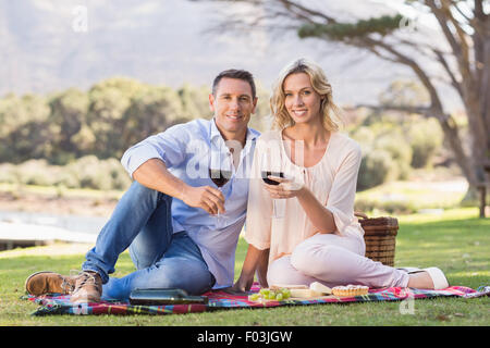 Lächelnde paar auf der Picknickdecke sitzen und Wein trinken Stockfoto