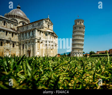 Pisa Kathedrale und den berühmten Schiefen Turm von Pisa. Toskana, Italien schoss aus einer niedrigen Engel mit Rasen im Vordergrund. Stockfoto