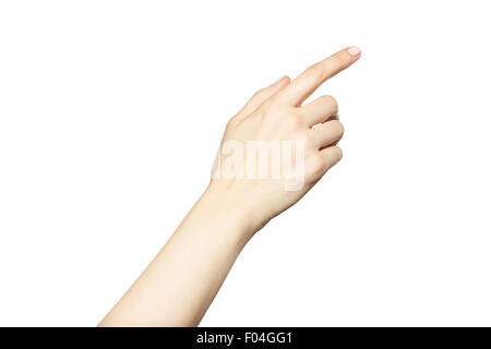 Weibliche Hand klicken, berührende virtuellen Bildschirm isoliert auf weißem Hintergrund. Stockfoto