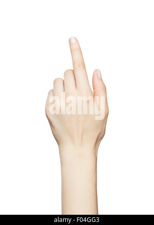Weibliche Hand klicken, berührende virtuellen Bildschirm isoliert auf weißem Hintergrund. Stockfoto