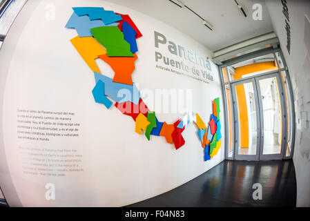 PANAMA CITY, Panama — das Biomuseo wurde im Oktober 2014 für Besucher geöffnet und befindet sich in einem markanten Gebäude, das von dem berühmten Architekten Frank Gehry entworfen wurde. Es konzentrierte sich auf die Artenvielfalt Panamas und die besondere Rolle, die der Panamaische Isthmus als Landbrücke zwischen Nord- und Südamerika gespielt hat. Es liegt am Panama City's Causeway, mit Blick auf den Pazifik auf der einen Seite und den Eingang zum Panamakanal auf der anderen Seite. Stockfoto