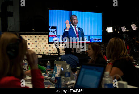 Cleveland, Ohio, USA. 6. August 2015. Die republikanische Präsidentschafts-Debatte wird in den Medien Raum in der Quicken Loans Arena Einreichung angezeigt. Bildnachweis: Brian Cahn/ZUMA Draht/Alamy Live-Nachrichten Stockfoto