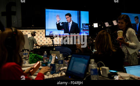 Cleveland, Ohio, USA. 6. August 2015. Die republikanische Präsidentschafts-Debatte wird in den Medien Raum in der Quicken Loans Arena Einreichung angezeigt. Bildnachweis: Brian Cahn/ZUMA Draht/Alamy Live-Nachrichten Stockfoto