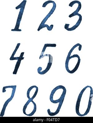 Aquarell blauen Zahlen setzen auf weiß Stock Vektor