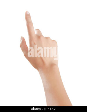 Frau Hand zeigt mit seinem Zeigefinger nach oben, isoliert weißen Hintergrund Stockfoto