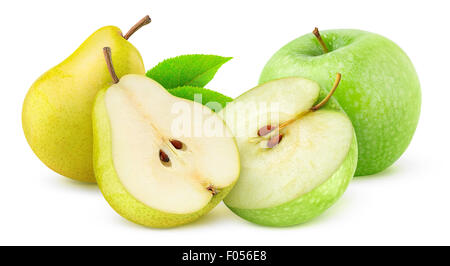 Äpfel und Birnen, die isoliert auf weiss Stockfoto