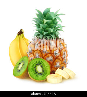 Tropische Früchte (Ananas, Banane, Kiwi) auf weißem Hintergrund mit Beschneidungspfad Stockfoto