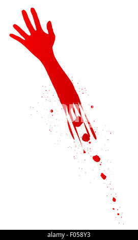 Einen abgetrennten Arm in rot mit Blut Splatter auf weißem Hintergrund Stockfoto