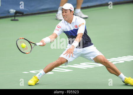 Washington, DC, USA. 6. August 2015. KEI NISHIKORI Japans spielt gegen Leonardoa Mayer von Argentinien am 4. Tag des Citi Open auf dem Rock Creek Tennis Center in Washington, DC Nishikori gewann in zwei Sätzen. Bildnachweis: Kyle Gustafson/ZUMA Draht/Alamy Live-Nachrichten Stockfoto