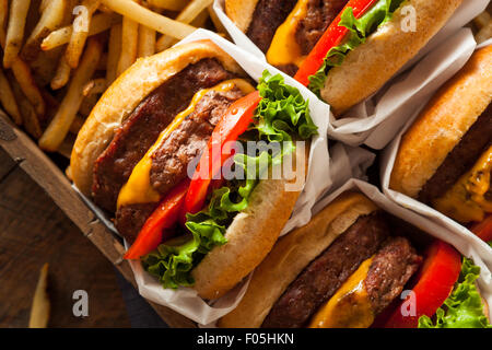 Doppel-Cheeseburger und Pommes frites in einer Schale Stockfoto