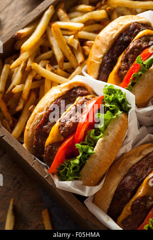 Doppel-Cheeseburger und Pommes frites in einer Schale Stockfoto