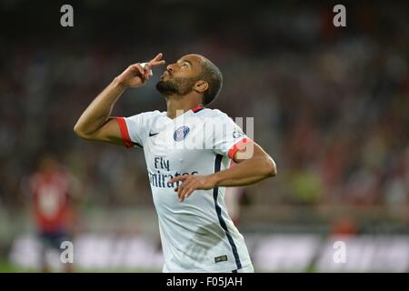 Lille, Frankreich. 7. August 2015. Französischen Liga 1 Fußball. Lille gegen Paris Saint-Germain. Lucas (Psg) feiert sein Tor Credit: Action Plus Sport/Alamy Live News Stockfoto