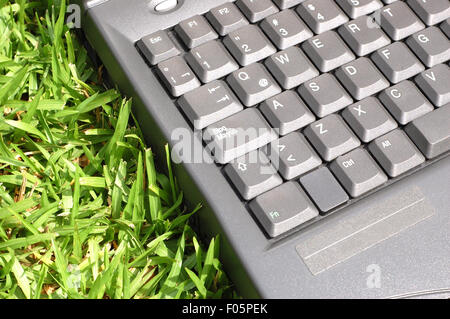 Aufnahme eines Laptops auf dem grünen Rasen hautnah Stockfoto
