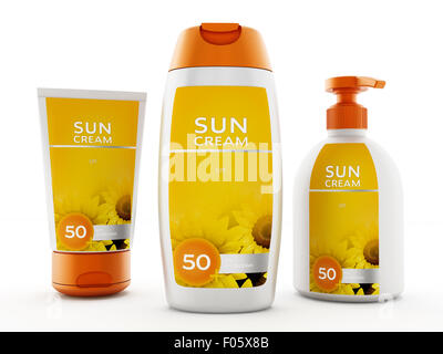 Sonnencremes in verschiedenen geformten Behälter isoliert auf weißem Hintergrund Stockfoto