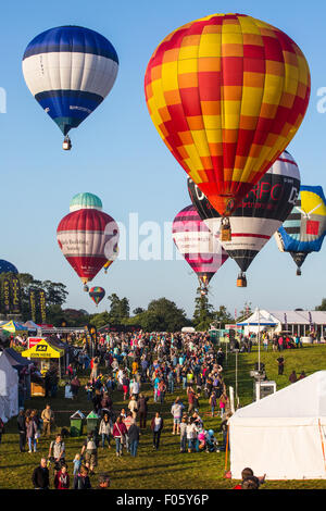 Bristol, UK. 8. August 2015. Am dritte Tag der 37. Bristol International Balloon Fiesta begann mit Masse Aufstieg am frühen Morgen mit mehr als 100 Luftballons teilnehmen.  Mit wenig Wind kämpfte eine Reihe von Piloten zu ihren Ballons über Wasser mit einigen schlagen Baumkronen und eine Reihe gezwungen in der Nähe der Arena herunter zu kommen.  Bristol, UK. 8. August 2015. Bildnachweis: Redorbital Fotografie/Alamy Live-Nachrichten Stockfoto