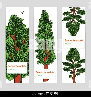 Skizzieren Sie Bäume Banner im Vintage-Stil, Vektor Stock Vektor