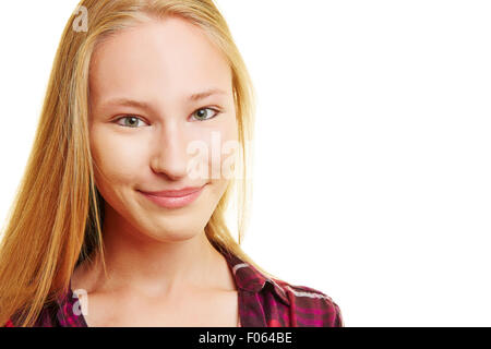 Glücklich blonde weibliche Teenager in die Kamera Lächeln Stockfoto