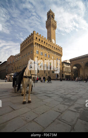 Ein Pferd Trainer vor Palazzo Vecchio (Alter Palast) auf der Piazza della Signoria, Florenz, Italien Stockfoto