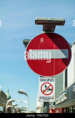 Straßenschild mit einem keine Taube Fütterung unten unterschreiben Stockfoto