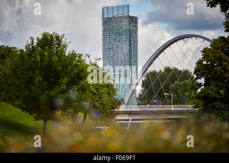 Wilde Blumen entlang Prinzessin Parkway in Manchester UK umrahmt von dem Hulme Arch moderne Mohnfelder urban Rüben Schinken Brückenturm Stockfoto