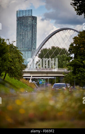 Wilde Blumen entlang Prinzessin Parkway in Manchester UK umrahmt von dem Hulme Arch moderne Mohnfelder urban Rüben Schinken Brückenturm Stockfoto