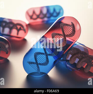 Tabletten mit genetischen Code im Inneren. Konzept des Fortschritts der Medizin bei der Behandlung von Krankheiten. Stockfoto