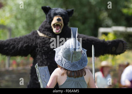 Wallsend, Tyne and Wear, UK. 8. August 2015. Hadrian Festival am Segedunum römisches Kastell: ein tapferer Junge weibliche Roman Gladiator (Gladiatrix) kämpft ein riesiger Bär. Das Hadrian Festival ist Teil des Programms der Maßnahmen zur Förderung des British Museum römische Reich: Power & People Ausstellung, die öffentlich zur Schau 30 Mai – 13. September 2015 Credit: Andrew Nicholson/Alamy Live News Stockfoto