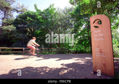 Pfad zum Strandschild am Formby Squirrel Reserve in der Nähe von Liverpool, Großbritannien. August 2015. Touristen, die das Formby Squirrel Reserve besuchen, um die roten Eichhörnchen in ihrer natürlichen Umgebung zu sehen und kilometerlange Küstenwanderungen an einem herrlichen Sommernachmittag zu genießen. Autos und Besucher standen Schlange, um einzusteigen, damit sie einen atemberaubenden Blick auf das Meer oder ein Picknick genießen konnten. Viele Hundebesitzer machten sich auf einen Küstenspaziergang, um sich die faszinierende Küste von Formby anzusehen. Quelle: Cernan Elias/Alamy Live News Stockfoto