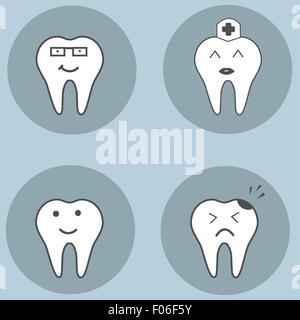 Zähne setzen. Dental-Kollektion für Ihr Design. Vektor-Karikaturen. Illustrationen für Kinder-Zahnmedizin. Stock Vektor