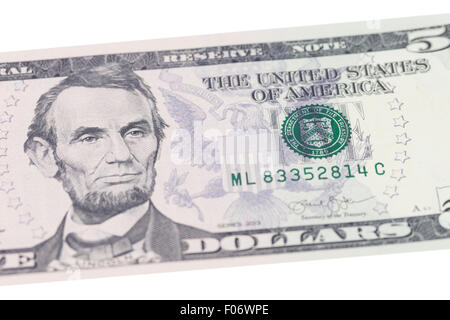 Abraham Lincoln Portrait auf fünf-Dollar-banknote Stockfoto