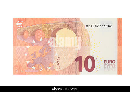 Zehn-Euro-Banknote auf weißem Hintergrund Stockfoto