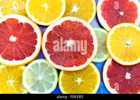 Frisch geschnitten Zitrusfrüchten auf blauem Hintergrund closeup Stockfoto
