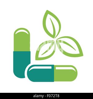 Kräuterpillen. Grüne Blätter und Medizin Pillen Symbol Vektor-Illustration. Stock Vektor