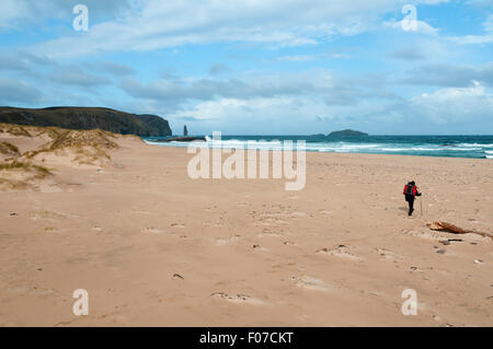 Ein Spaziergänger am Strand von Sandwood Bay mit Stapels Am Buachaille Meer in der Ferne.  Sutherland, Schottland, Vereinigtes Königreich Stockfoto