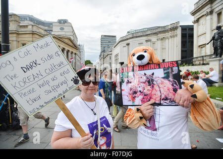 Trafalgar Square, London, UK. 9. August 2015. Demonstranten halten Banner gegen die Koreaner Hundefleisch Handel © Matthew Chattle/Alamy Stockfoto