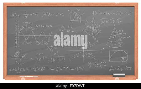 Schwarze Tafel mit Holzrahmen. Kreide Staub Oberfläche und Probe Mathematik. Stockfoto