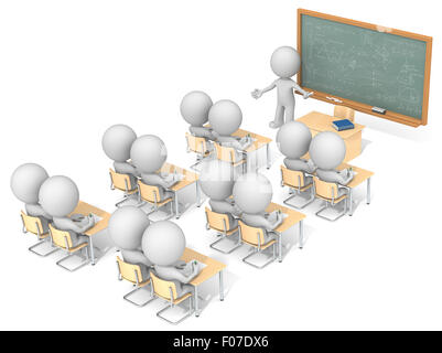 Geck 3D-Charaktere X13 im Klassenzimmer. Tafel mit Probe Mathematik. Seitenansicht von oben. Stockfoto