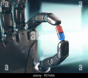 Roboter-Hand hält eine Pille von DNA. Konzept der Technologie, von Maschinen beherrscht. Stockfoto