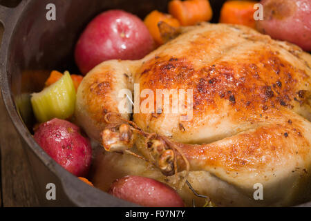 Holländischen Stil gebratenes Huhn mit gebackene rote Kartoffeln, Karotten und Sellerie in einem gusseisernen Topf Stockfoto