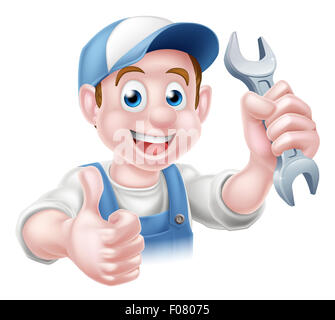 Cartoon Klempner oder Auto Reparatur Mechanikerservice Handwerker Arbeiter Mann geben einen Daumen nach oben und halten einen Strich durch Stockfoto