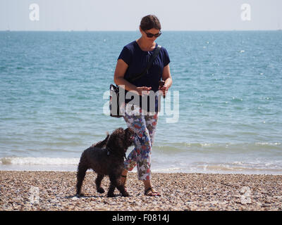 Eine Dame, die ihrem Hund an einem heißen Sommertag am Strand entlang spazieren Stockfoto