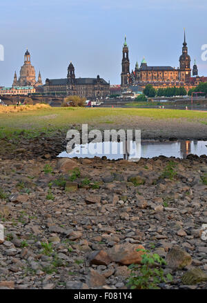 Dresden, Deutschland. 9. August 2015. Die Einstellung Sonne scheint auf die teilweise ausgetrockneten Flussbett der Elbe vor der Dresdner Frauenkirche (lit.) Kirche unserer lieben Frau), das Ständehaus (lit. Haus der Landstände), Dresden Kathedrale und Dresdner Schloss (L-R) in Dresden, Deutschland, 9. August 2015. Wasserstand Messgerät fiel auf fünfzig Zentimeter, was etwa ein Viertel der üblichen Wasserstand der Elbe ist. Foto: Matthias Hiekel/Dpa/Alamy Live News Stockfoto