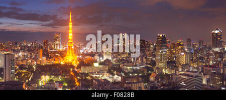Panorama auf die Skyline von Tokyo, Japan mit dem Tokyo Tower in der Dämmerung fotografiert. Stockfoto
