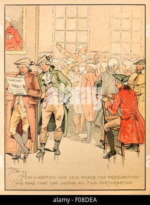 Bei einem Treffen im Faneuil Hall ist die königliche Proklamation Einführung der Tea Act von 1773 ausgelesen. Illustration von Josephine Pollard (1834-1892). Siehe Beschreibung für mehr Informationen. Stockfoto