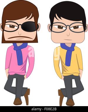 Hipster Mann Vs koreanischen Mann Stil Brille tragen, Mantel, schwarze Jeans, Schal und Leder Schuhe Stock Vektor