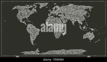Weltkarte mit Kontinent namens in Schreibmaschinenschrift gemacht. weiß auf schwarzem Hintergrund Stockfoto